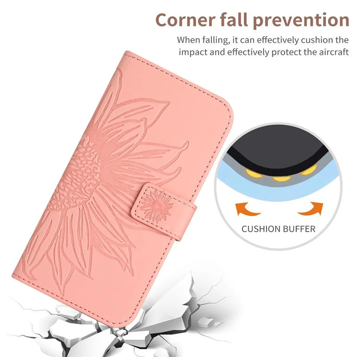 HT04 For Realme 11 Pro 5G / 11 Pro+ 5G Phone Case Sunflower Pattern Leather Wallet Stand Shell with Shoulder Strap - Light Pink - 5