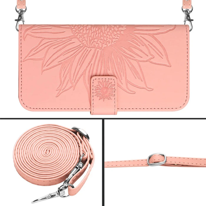 HT04 For Realme 11 Pro 5G / 11 Pro+ 5G Phone Case Sunflower Pattern Leather Wallet Stand Shell with Shoulder Strap - Light Pink - 7