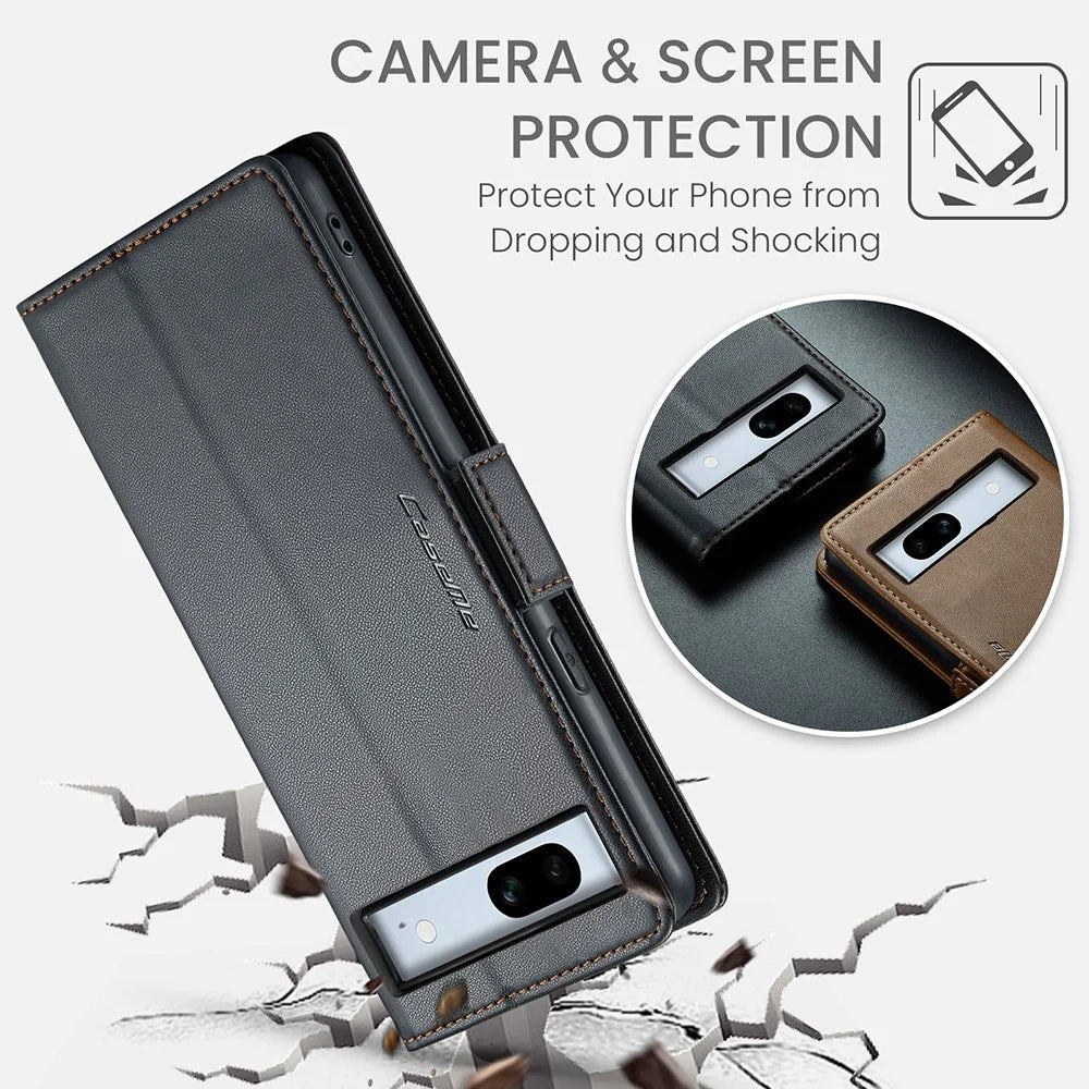 For Google Pixel 7a Leather Case CASEME 023 RFID Blocking 3 Card Slot Mobile Cover - Black - 7