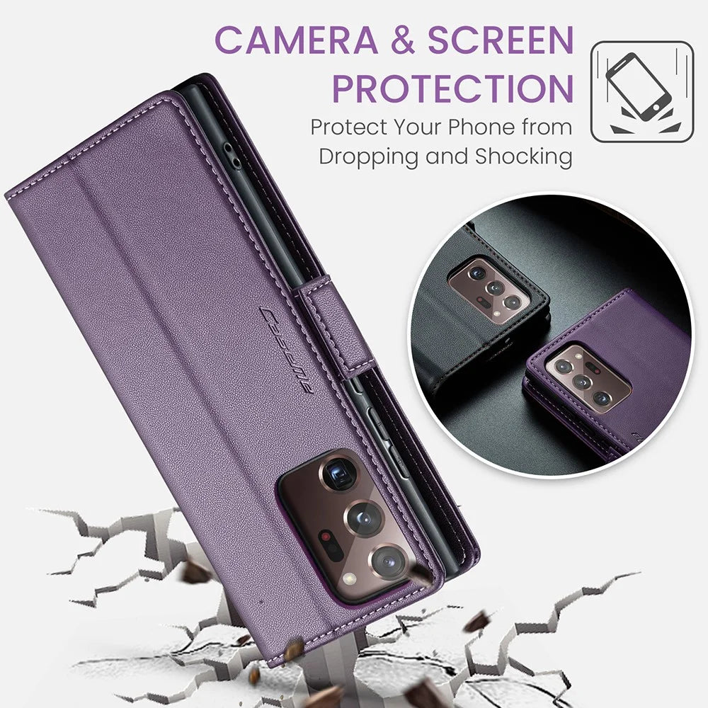 For Samsung Galaxy Note20 Ultra / Ultra 5G Leather Case CASEME 023 RFID Blocking 3 Card Slot Mobile Cover - Purple - 7