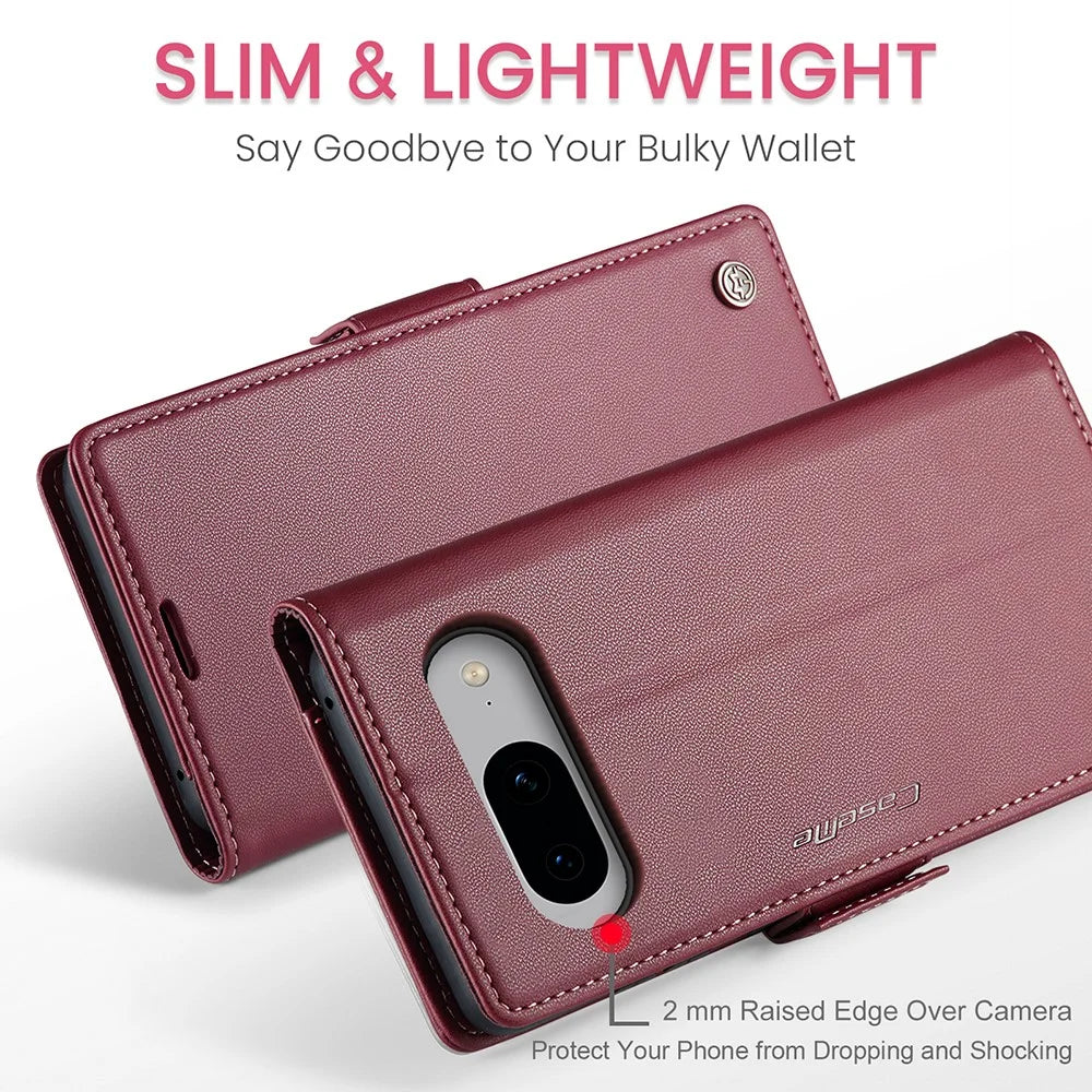 For Google Pixel 8 Leather Case CASEME 023 RFID Blocking 3 Card Slot Mobile Cover - Red - 5
