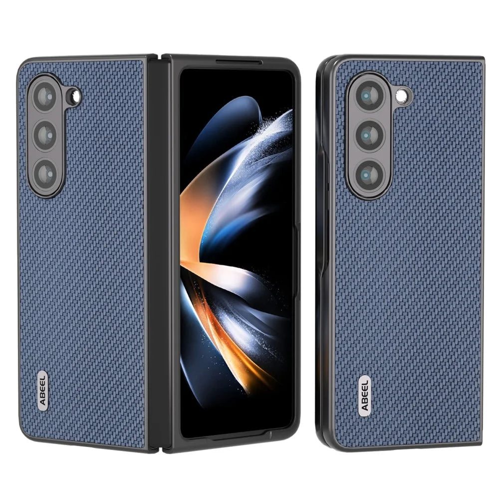ABEEL For Samsung Galaxy Z Fold5 5G PU Leather Coated PC Back Cover Carbon Fiber Texture Shockproof Phone Case - Baby Blue - 1