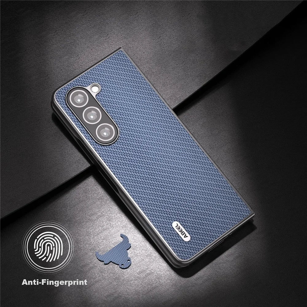 ABEEL For Samsung Galaxy Z Fold5 5G PU Leather Coated PC Back Cover Carbon Fiber Texture Shockproof Phone Case - Baby Blue - 2