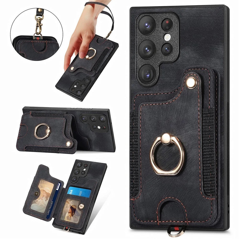 For Samsung Galaxy S23 Ultra PU Leather+PC+TPU RFID Blocking Case Card Slot Kickstand Phone Cover - Black - 1