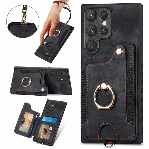 For Samsung Galaxy S23 Ultra PU Leather+PC+TPU RFID Blocking Case Card Slot Kickstand Phone Cover - Black - 1