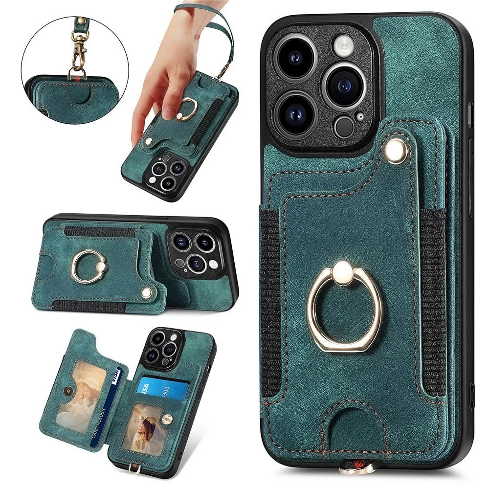 Bump Proof Cover for iPhone 14 Pro RFID Blocking Card Holder PU Leather+PC+TPU Kickstand Phone Case - Green - 1