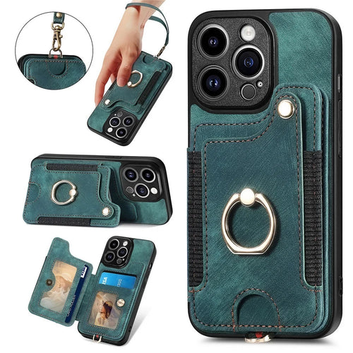 Bump Proof Cover for iPhone 14 Pro RFID Blocking Card Holder PU Leather+PC+TPU Kickstand Phone Case - Green - 1