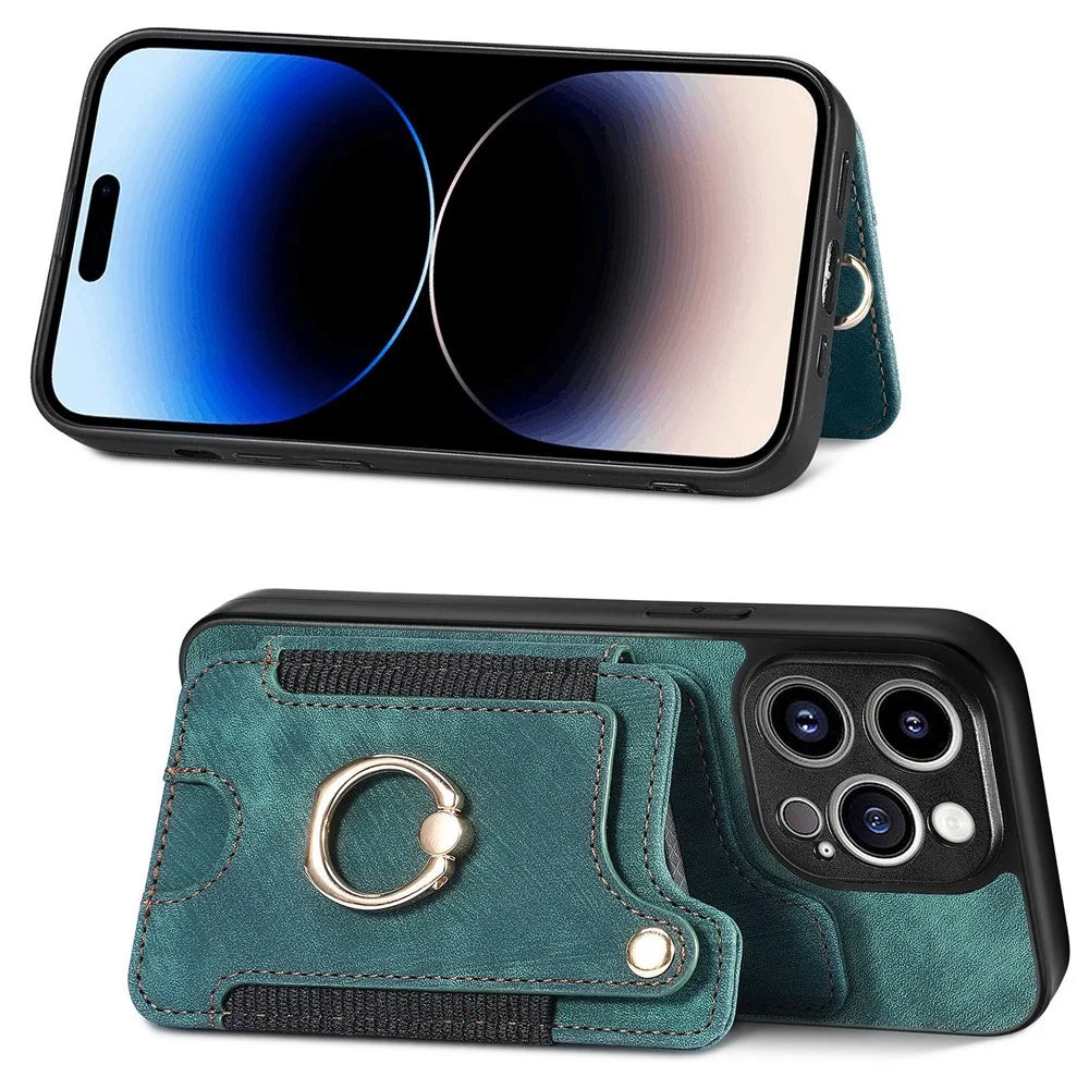 Bump Proof Cover for iPhone 14 Pro RFID Blocking Card Holder PU Leather+PC+TPU Kickstand Phone Case - Green - 2