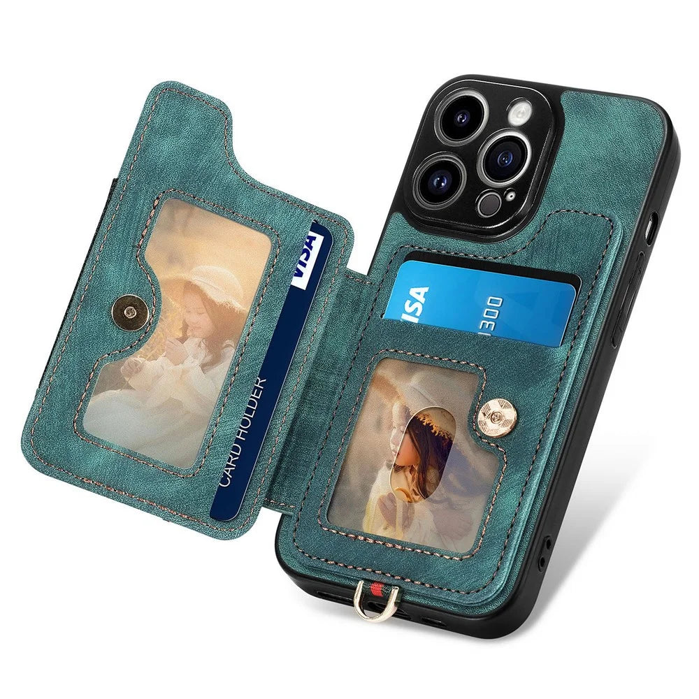 Bump Proof Cover for iPhone 14 Pro RFID Blocking Card Holder PU Leather+PC+TPU Kickstand Phone Case - Green - 3