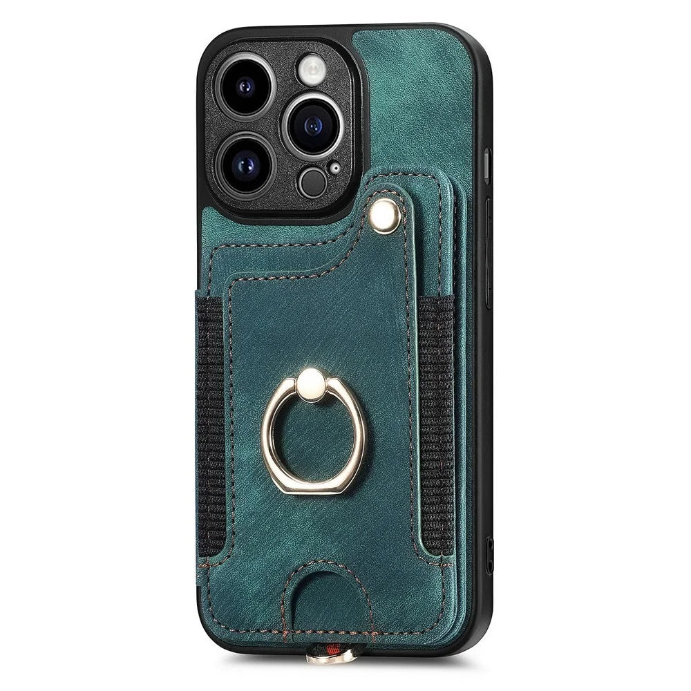 Bump Proof Cover for iPhone 14 Pro RFID Blocking Card Holder PU Leather+PC+TPU Kickstand Phone Case - Green - 4