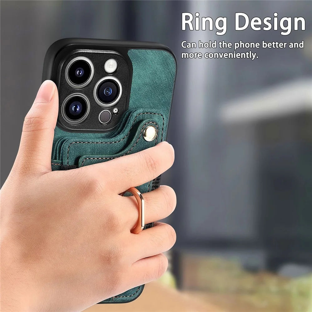 Bump Proof Cover for iPhone 14 Pro RFID Blocking Card Holder PU Leather+PC+TPU Kickstand Phone Case - Green - 5