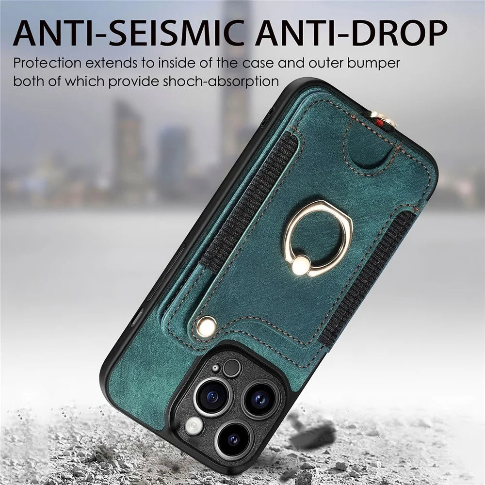 Bump Proof Cover for iPhone 14 Pro RFID Blocking Card Holder PU Leather+PC+TPU Kickstand Phone Case - Green - 6