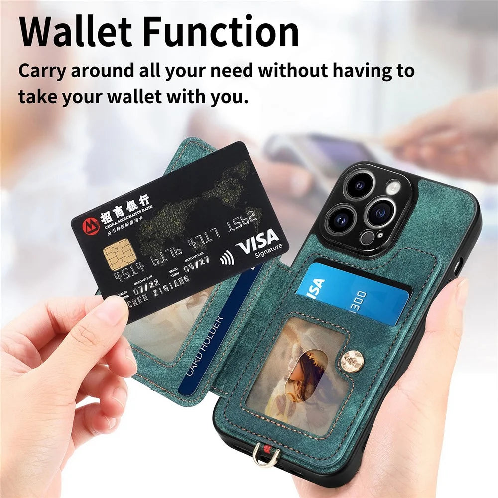Bump Proof Cover for iPhone 14 Pro RFID Blocking Card Holder PU Leather+PC+TPU Kickstand Phone Case - Green - 7