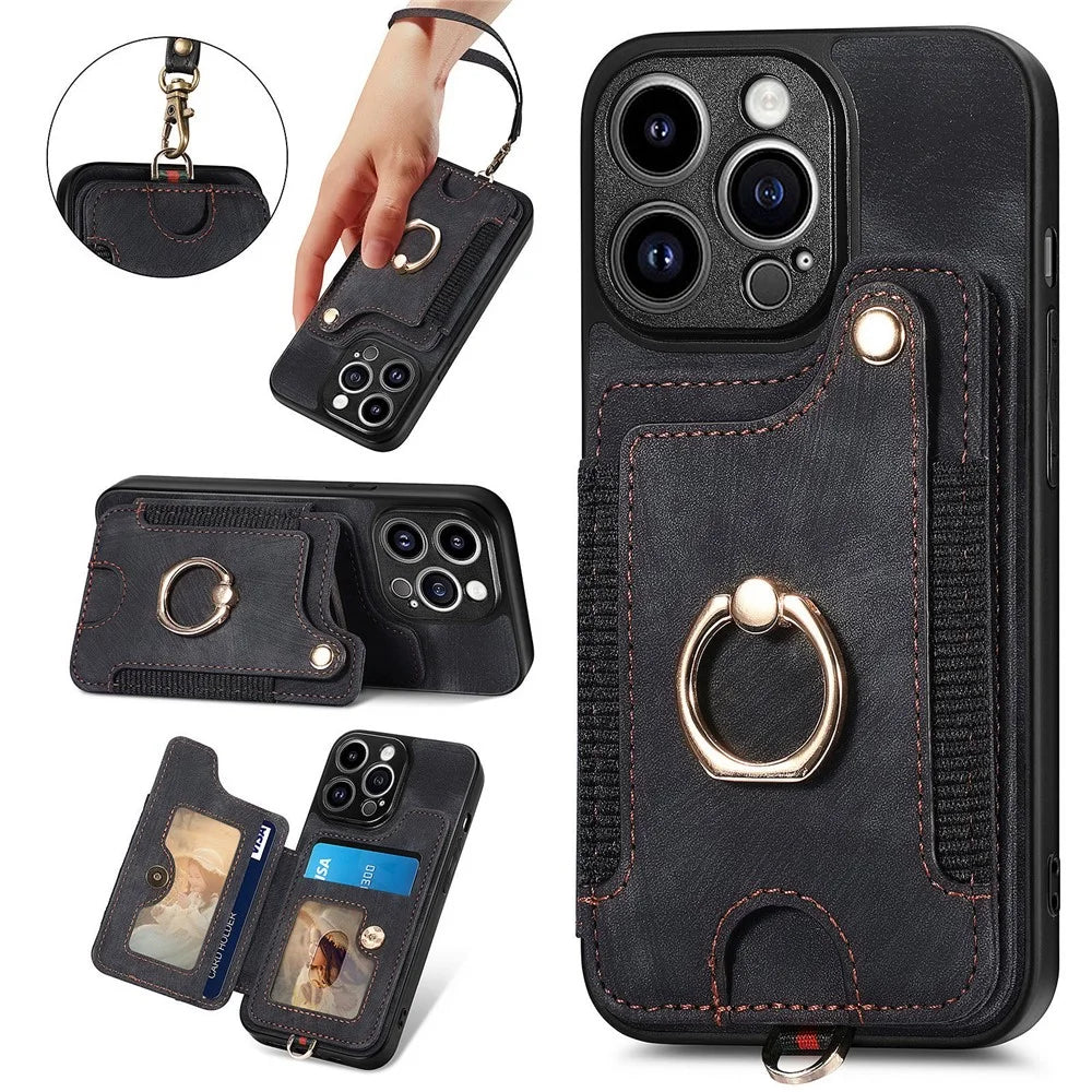 For iPhone 14 Pro Max Card Slots Phone Case Kickstand PU Leather Coated PC+TPU RFID Blocking Cover - Black - 1