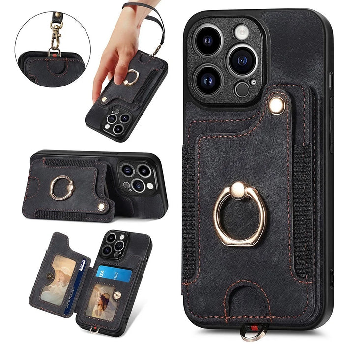 For iPhone 14 Pro Max Card Slots Phone Case Kickstand PU Leather Coated PC+TPU RFID Blocking Cover - Black - 1