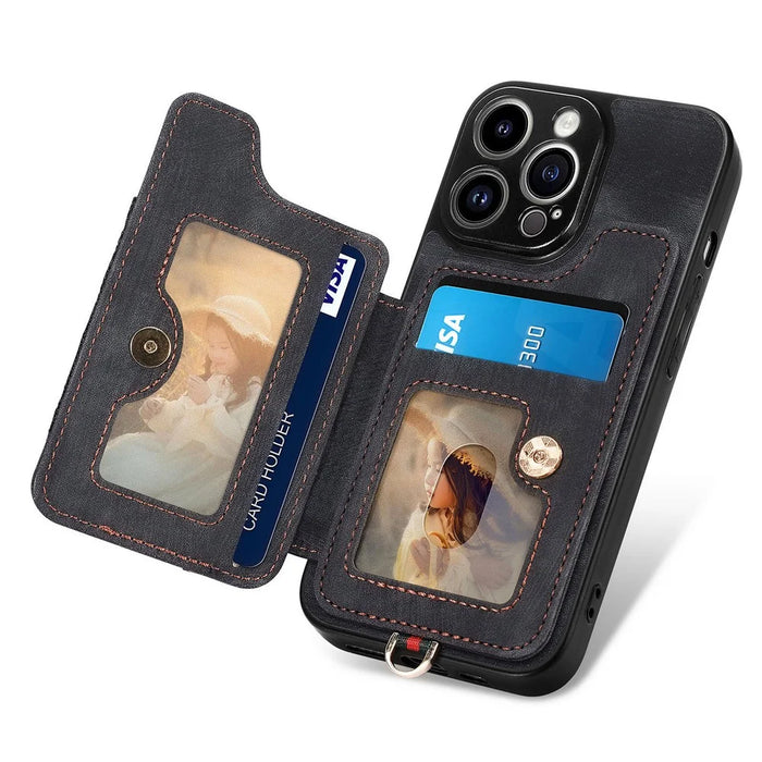 For iPhone 14 Pro Max Card Slots Phone Case Kickstand PU Leather Coated PC+TPU RFID Blocking Cover - Black - 3