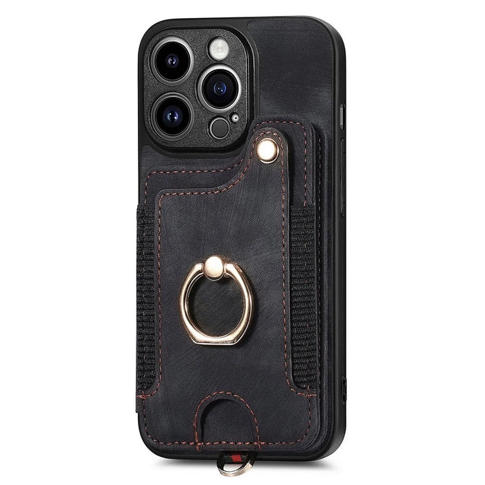 For iPhone 14 Pro Max Card Slots Phone Case Kickstand PU Leather Coated PC+TPU RFID Blocking Cover - Black - 4