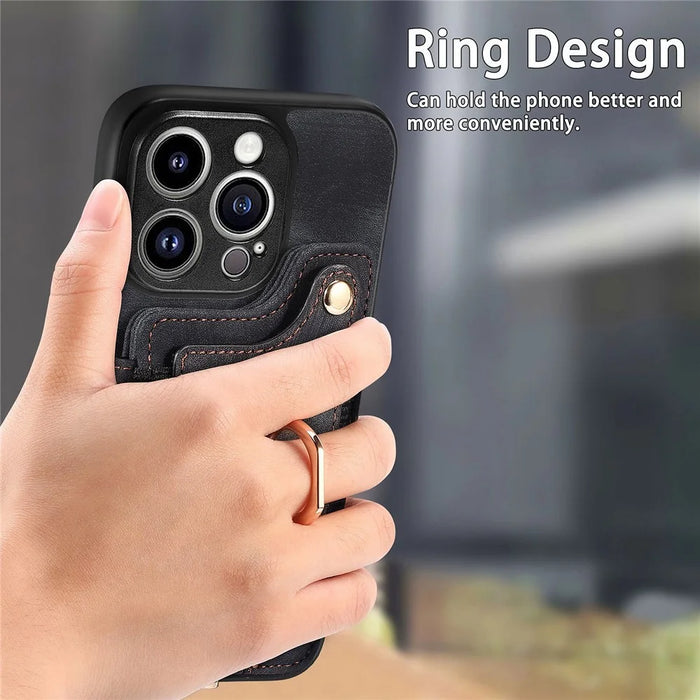 For iPhone 14 Pro Max Card Slots Phone Case Kickstand PU Leather Coated PC+TPU RFID Blocking Cover - Black - 5