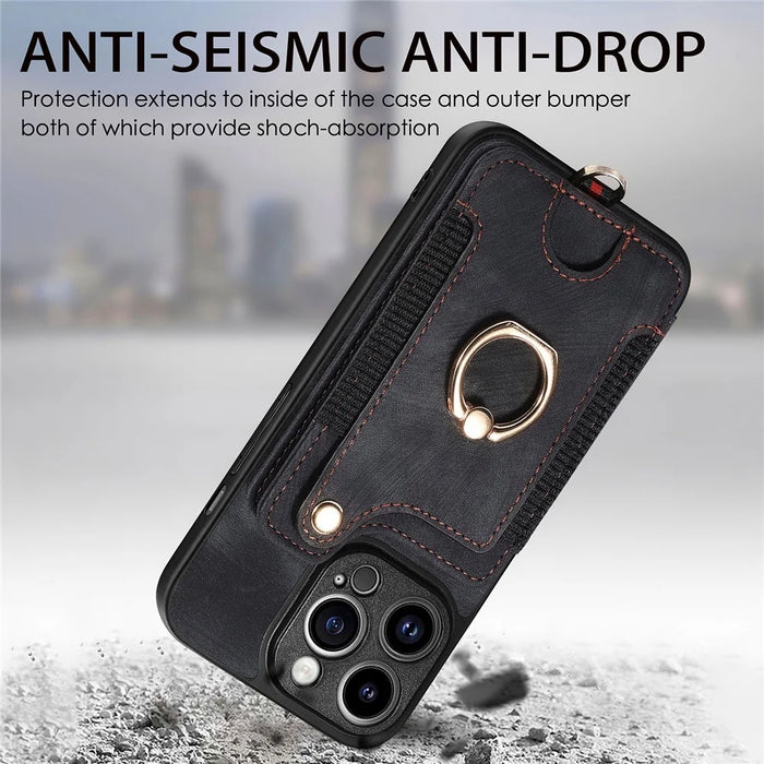 For iPhone 14 Pro Max Card Slots Phone Case Kickstand PU Leather Coated PC+TPU RFID Blocking Cover - Black - 6