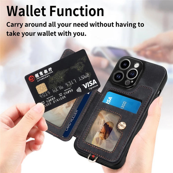 For iPhone 14 Pro Max Card Slots Phone Case Kickstand PU Leather Coated PC+TPU RFID Blocking Cover - Black - 7