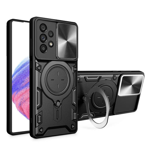 Shockproof Case for Samsung Galaxy A33 5G Kickstand Protective Case TPU PC Phone Shell with Slide Lens Lid - Black - 1