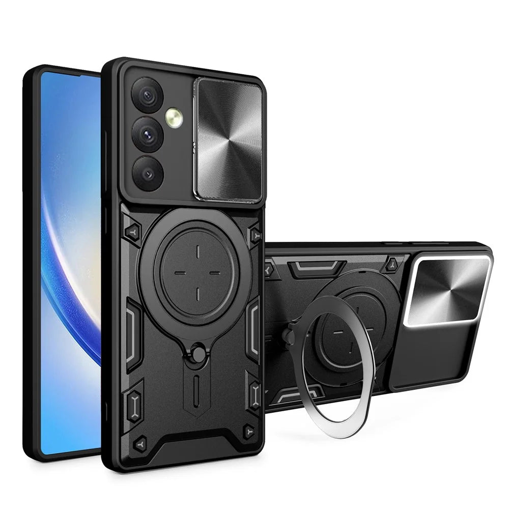 TPU PC Phone Case for Samsung Galaxy A34 5G Kickstand Shockproof Phone Shell with Slide Lens Cover - Black - 1