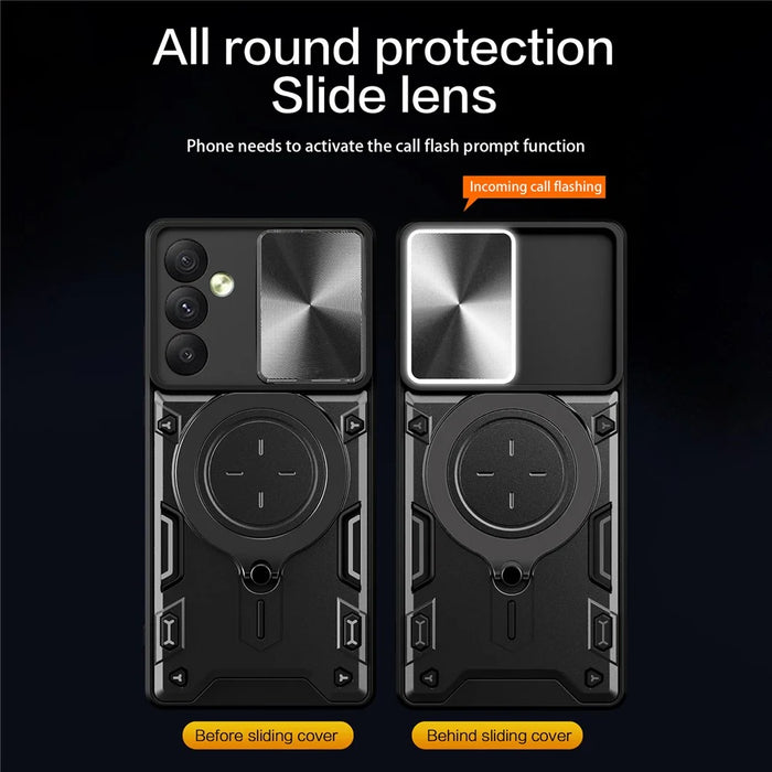 TPU PC Phone Case for Samsung Galaxy A34 5G Kickstand Shockproof Phone Shell with Slide Lens Cover - Black - 2