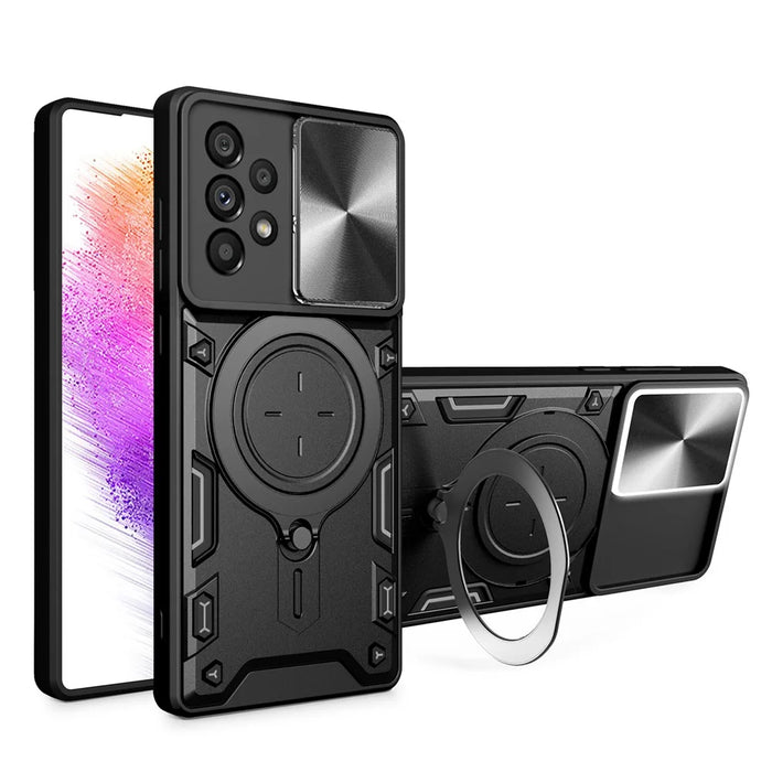 Shockproof Case for Samsung Galaxy A73 5G Anti-Drop Kickstand Cover TPU PC Phone Shell with Slide Lens Lid - Black - 1