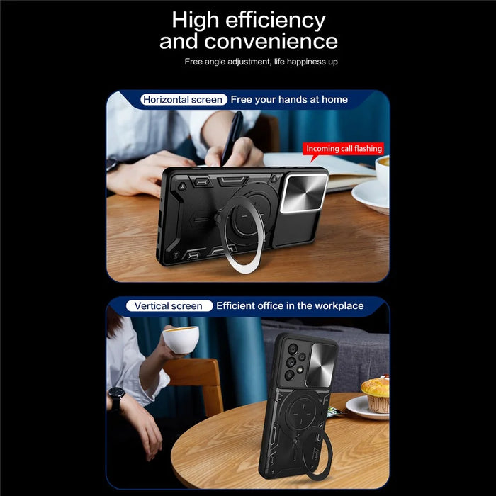Shockproof Case for Samsung Galaxy A73 5G Anti-Drop Kickstand Cover TPU PC Phone Shell with Slide Lens Lid - Black - 5