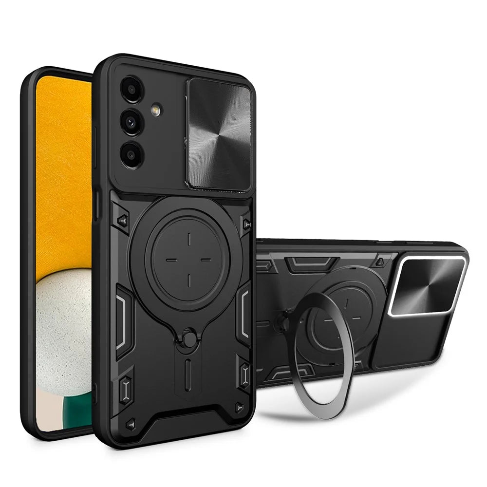 Kickstand Back Cover for Samsung Galaxy A13 5G / A04s 4G (164.7mm) , TPU+PC Slide Lens Protection Phone Case - Black - 1