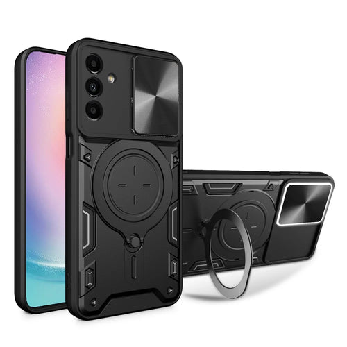 For Samsung Galaxy A24 4G (162.1 x 77.6 x 8.3mm) Rotating Kickstand Cover TPU+PC Phone Case with Slide Camera Lens Protector - Black - 1
