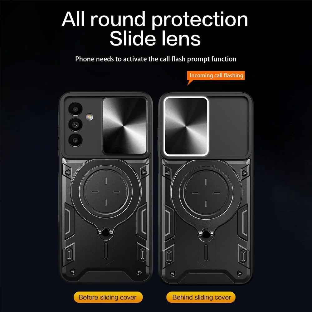 For Samsung Galaxy A24 4G (162.1 x 77.6 x 8.3mm) Rotating Kickstand Cover TPU+PC Phone Case with Slide Camera Lens Protector - Black - 2
