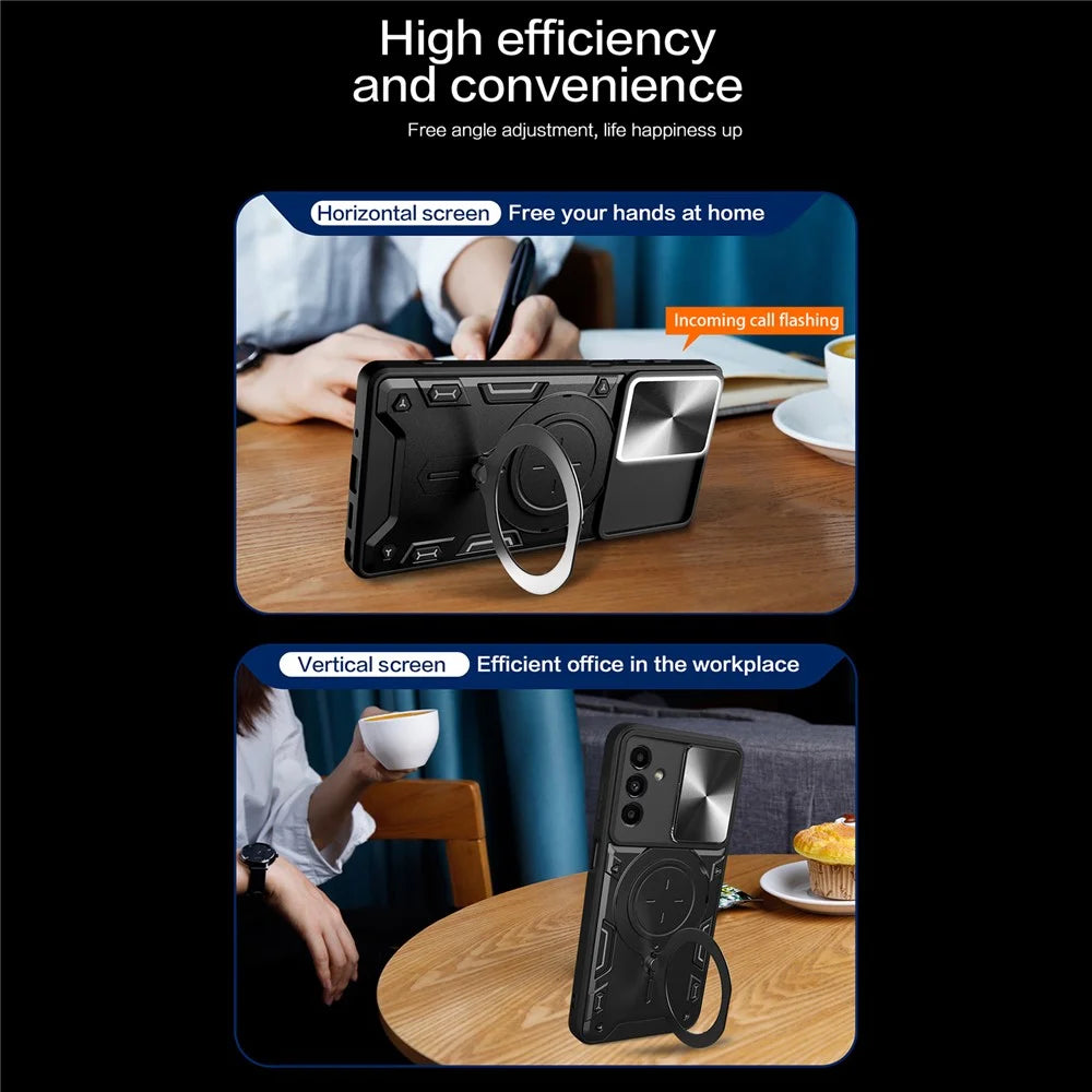 For Samsung Galaxy A24 4G (162.1 x 77.6 x 8.3mm) Rotating Kickstand Cover TPU+PC Phone Case with Slide Camera Lens Protector - Black - 5