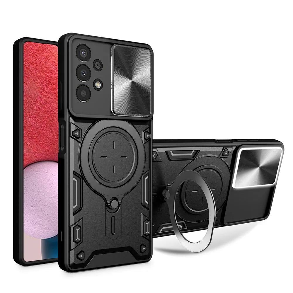 Kickstand Phone Case for Samsung Galaxy A13 4G Slide Lens Protection TPU+PC Back Cover - Black - 1
