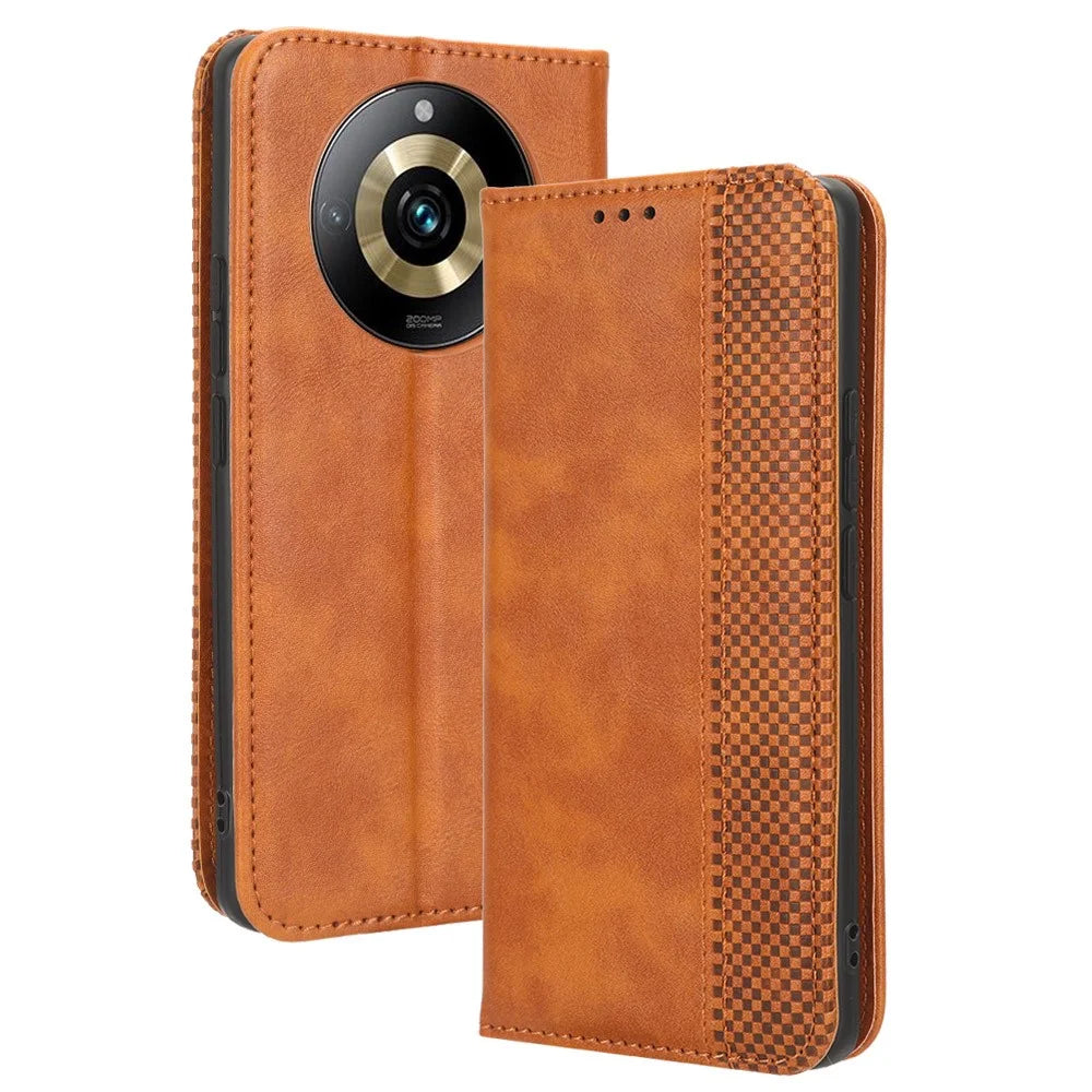 Leather Case for Realme 11 Pro+ 5G / 11 Pro 5G , Stand Wallet Retro Phone Cover - Brown - 1