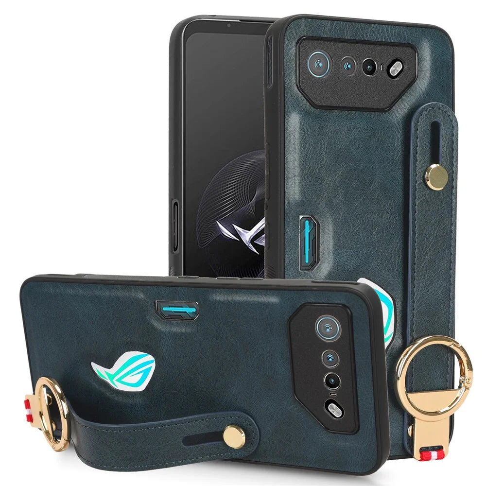 For Asus ROG Phone 7 5G Wristband Kickstand Phone Case PU Leather Coated PC+TPU Cover with Bottle Opener - Blue - 1