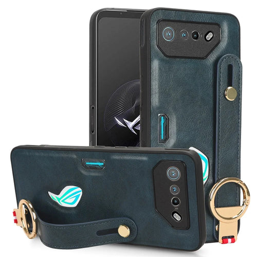 For Asus ROG Phone 7 5G Wristband Kickstand Phone Case PU Leather Coated PC+TPU Cover with Bottle Opener - Blue - 1