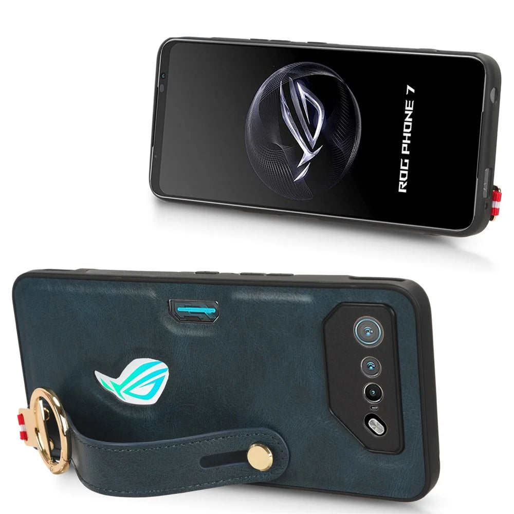 For Asus ROG Phone 7 5G Wristband Kickstand Phone Case PU Leather Coated PC+TPU Cover with Bottle Opener - Blue - 4