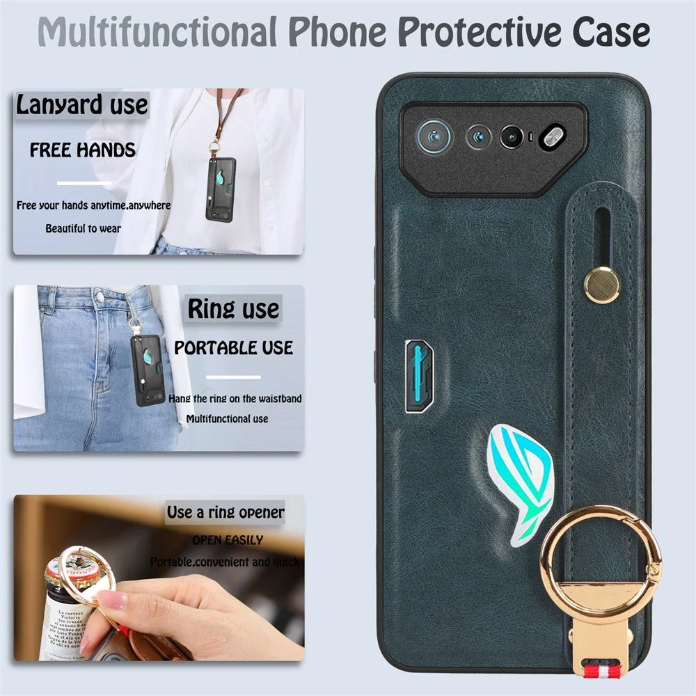 For Asus ROG Phone 7 5G Wristband Kickstand Phone Case PU Leather Coated PC+TPU Cover with Bottle Opener - Blue - 5