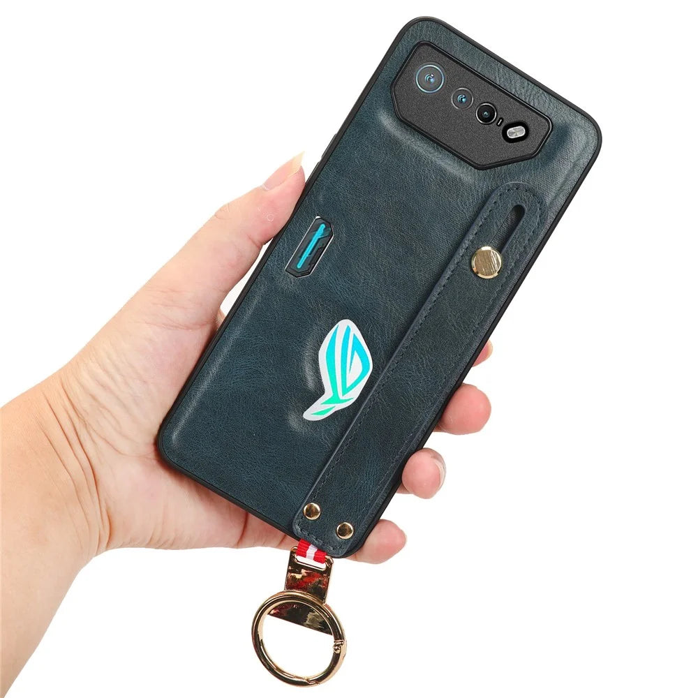 For Asus ROG Phone 7 5G Wristband Kickstand Phone Case PU Leather Coated PC+TPU Cover with Bottle Opener - Blue - 7