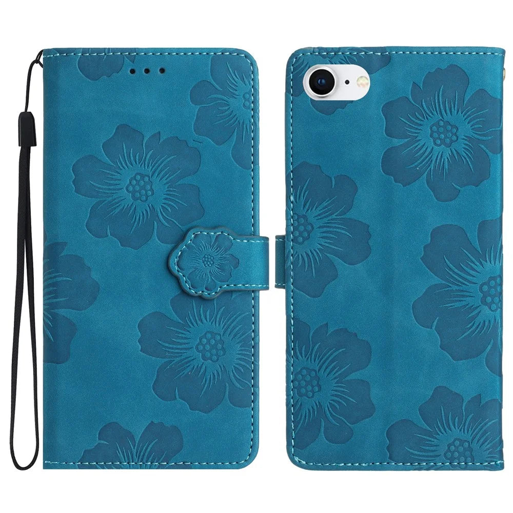 For iPhone 6 / 6s / 7 / 8 / SE (2020) / SE (2022) Flower Imprinted PU Leather Phone Case Wallet Stand Anti-drop Cover - Blue - 1