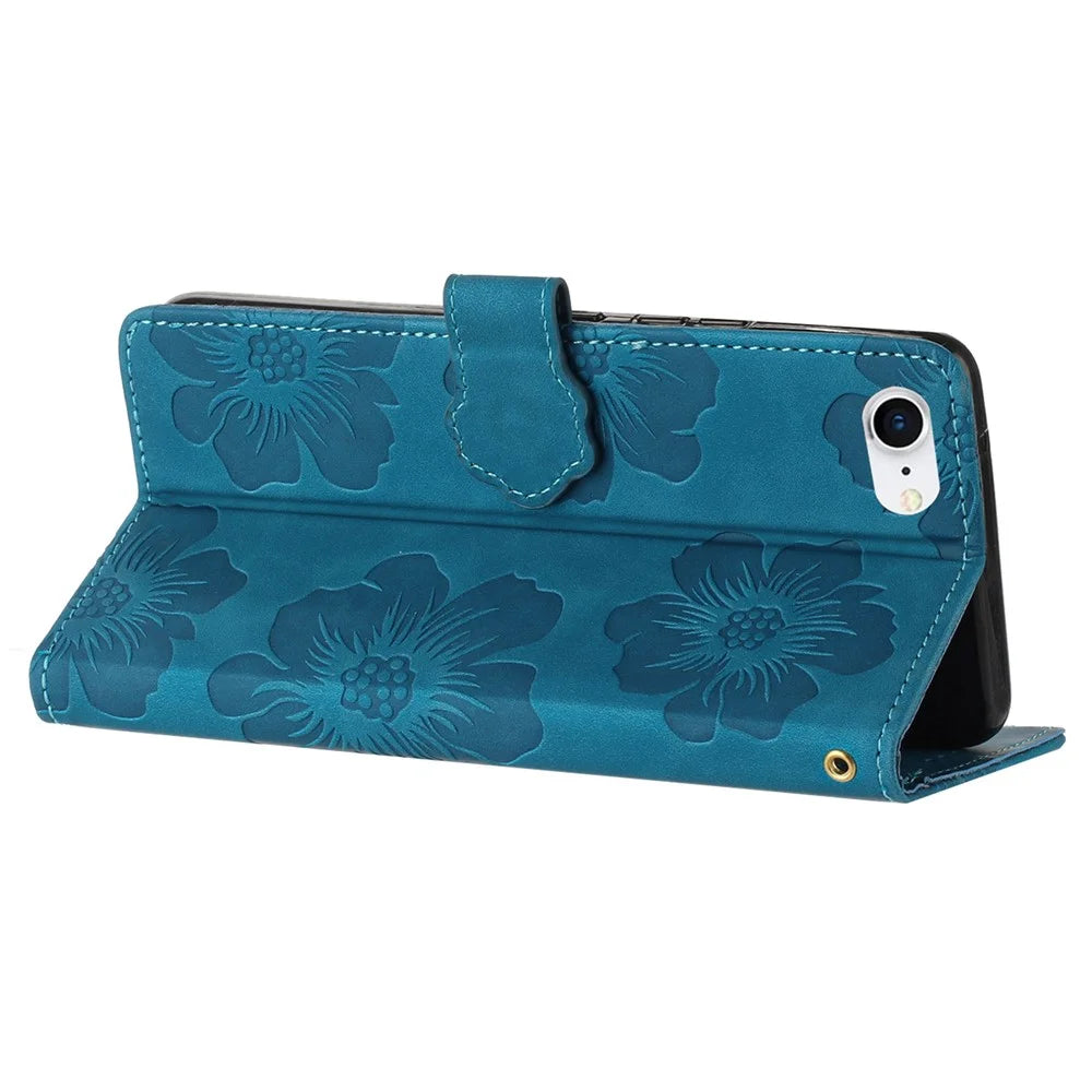 For iPhone 6 / 6s / 7 / 8 / SE (2020) / SE (2022) Flower Imprinted PU Leather Phone Case Wallet Stand Anti-drop Cover - Blue - 3
