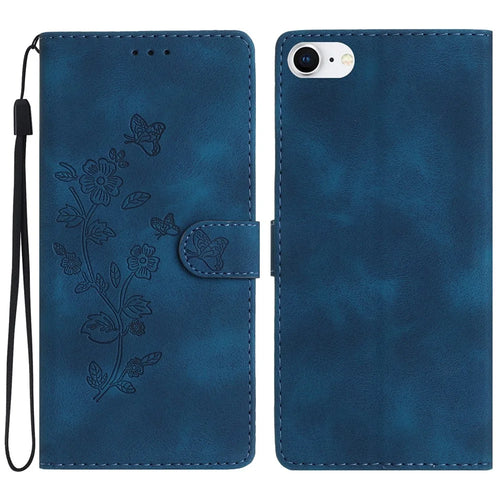 Phone Case for iPhone 6 / 6s / 7 / 8 / SE (2020) / SE (2022) Flower Imprint PU Leather Cover with Wallet Stand - Blue - 1