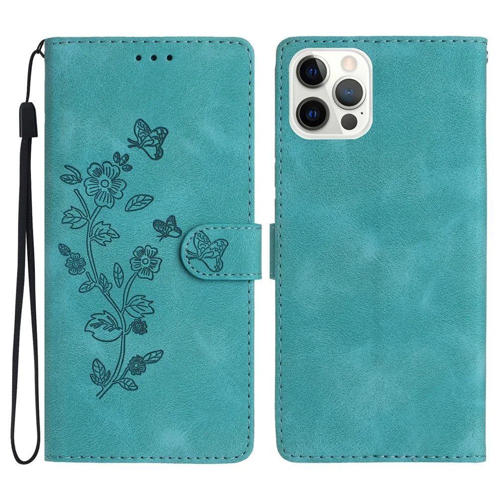 For iPhone 14 Pro Full Protection Leather Case Flower Imprint Wallet Stand Phone Cover - Sky Blue - 1