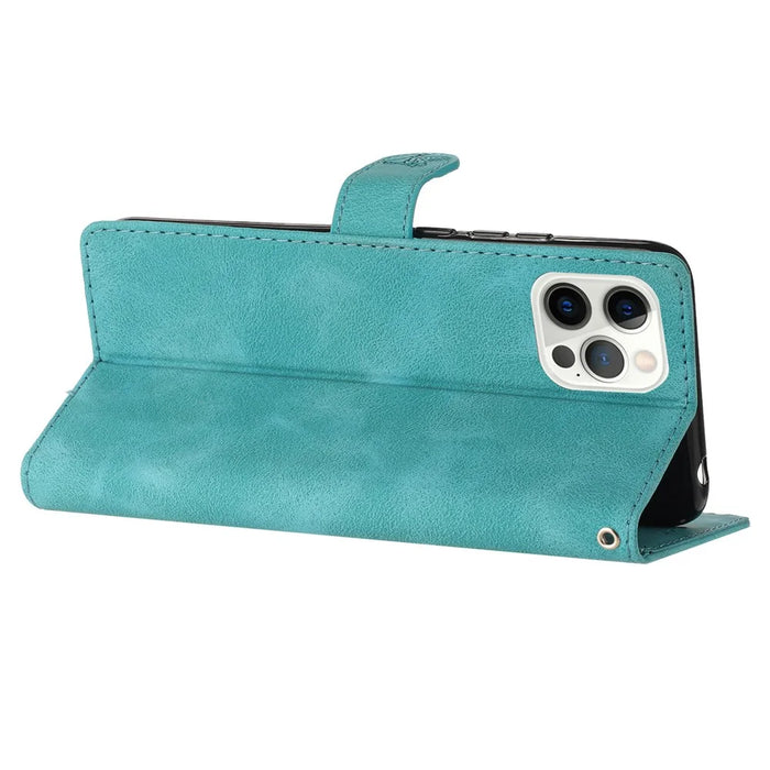 For iPhone 14 Pro Full Protection Leather Case Flower Imprint Wallet Stand Phone Cover - Sky Blue - 3