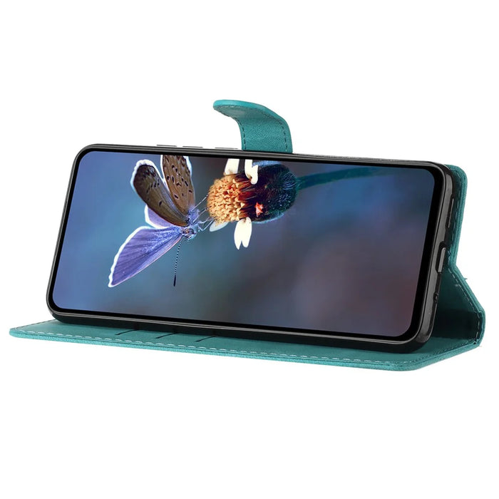 For iPhone 14 Pro Full Protection Leather Case Flower Imprint Wallet Stand Phone Cover - Sky Blue - 4