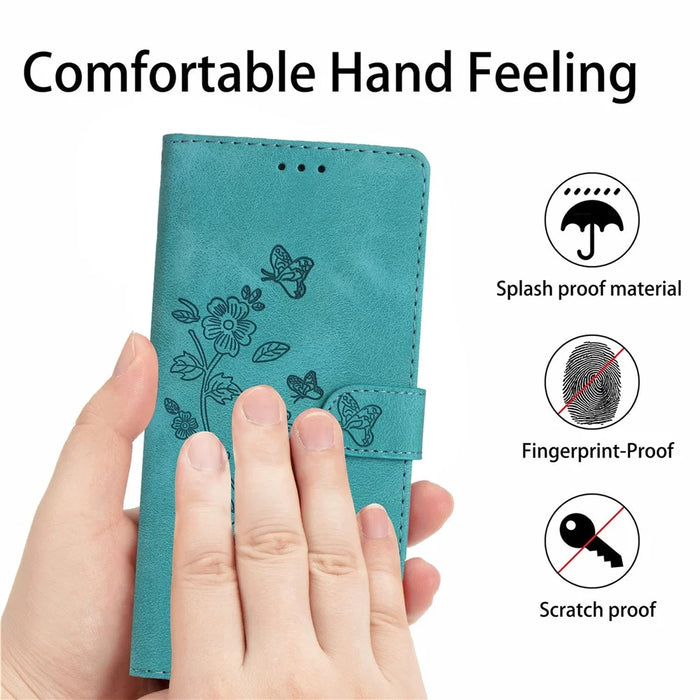 For iPhone 14 Pro Full Protection Leather Case Flower Imprint Wallet Stand Phone Cover - Sky Blue - 5