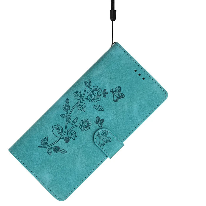 For iPhone 14 Pro Full Protection Leather Case Flower Imprint Wallet Stand Phone Cover - Sky Blue - 6