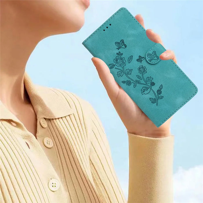 For iPhone 14 Pro Full Protection Leather Case Flower Imprint Wallet Stand Phone Cover - Sky Blue - 7