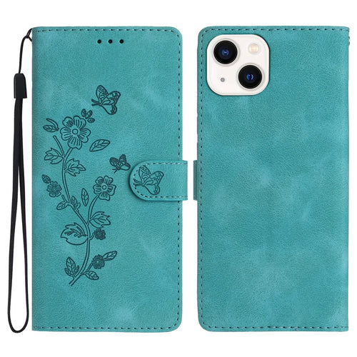 Flower Imprint Wallet Case for iPhone 14 , PU Leather + TPU Stand Phone Cover - Sky Blue - 1